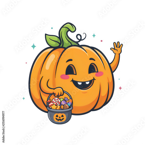 Cheerful cartoon pumpkin character holding a trick-or-treat candy bucket during Halloween celebration Isolated on transparent background