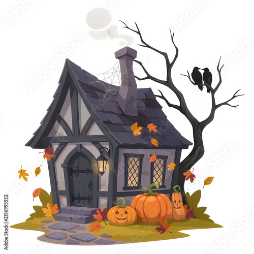 Charming Halloween cottage with pumpkins and crows during autumn isolated on transparent background