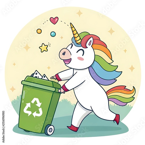 Cartoon unicorn throwing confetti into recycling bin