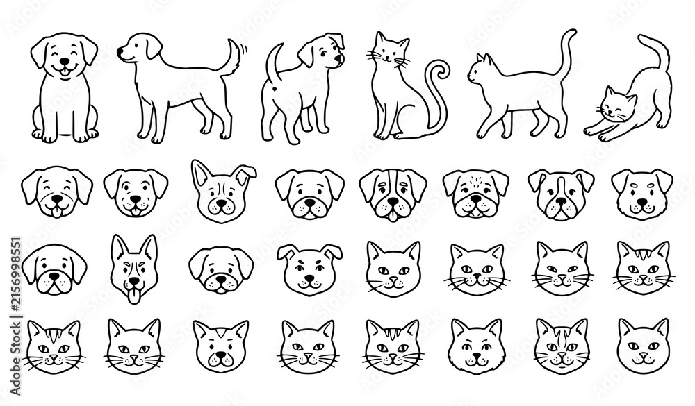 Obraz premium Hand Drawn Cat and Dog Face Outline Symbols Vector Collection