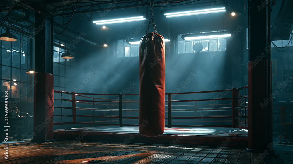 Fototapeta premium A red punching bag hangs in front of a boxing ring in a dark industrial gym with dramatic moody lighting. Perfect background for fitness and training motivation concepts.