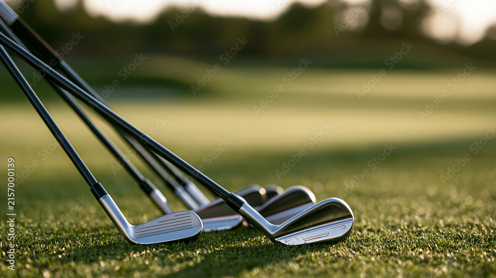 Fototapeta premium Golf clubs resting on green grass during sunset with warm golden lighting. Perfect for sports and recreation concepts.
