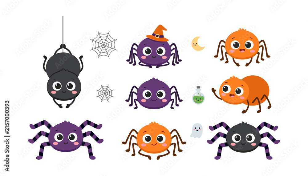 Obraz premium ute Kawaii Halloween Spider Vector Character Set with Witch Hat, Spiderwebs, Potion Bottle, and Ghost Icons for Autumn Holiday Party Decorations