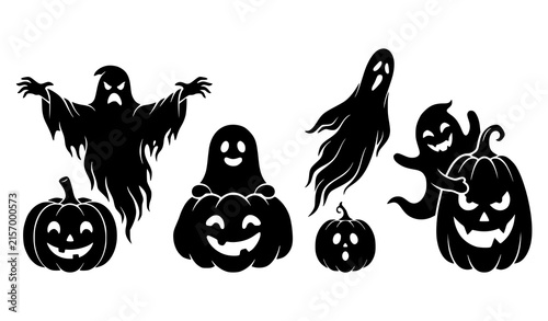 Bild auf Leinwand Spooky Halloween Ghost and Jack O Lantern Pumpkin Silhouette Collection with Cre