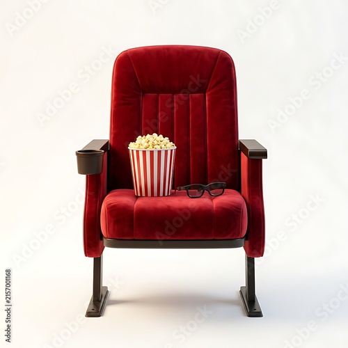 A red velvet cinema seat with a bucket of popcorn and 3d glasses isolated on white background