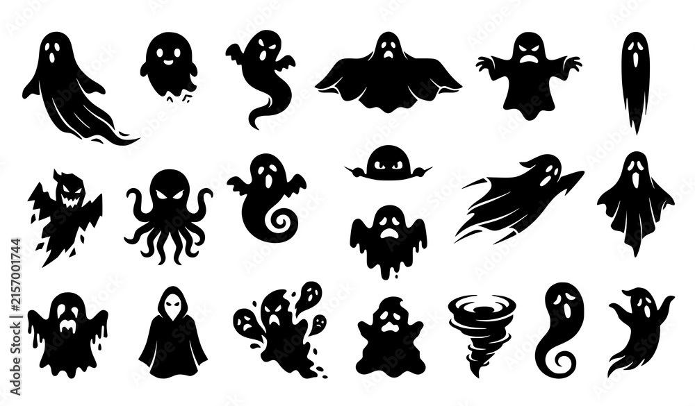 Fototapeta premium Spooky Halloween Ghost Silhouette Set with Creepy Flying Phantoms Grim Reaper Figures and Scary Poltergeist Monsters for Holiday Vector Graphic Designs