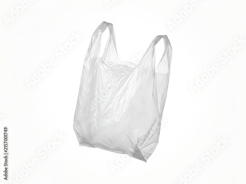 A single disposable white plastic grocery bag isolated on white background