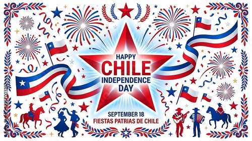 Happy chile independence day celebration background with red star, fireworks, chilean flags, and traditional dancers isolated on white background