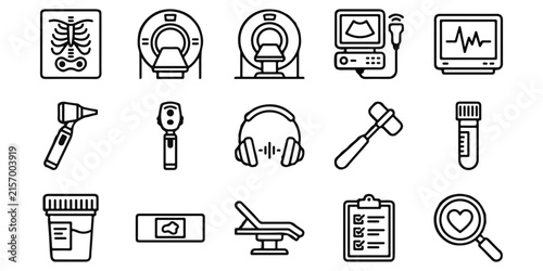 Set of medical diagnostic equipment icons including imaging machines laboratory tools and healthcare examination instruments for clinical use