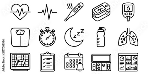 Set of black and white medical and health tracking icons for fitness monitoring and patient wellness data