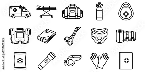 Set of black and white line art icons representing essential emergency medical equipment and first aid supplies
