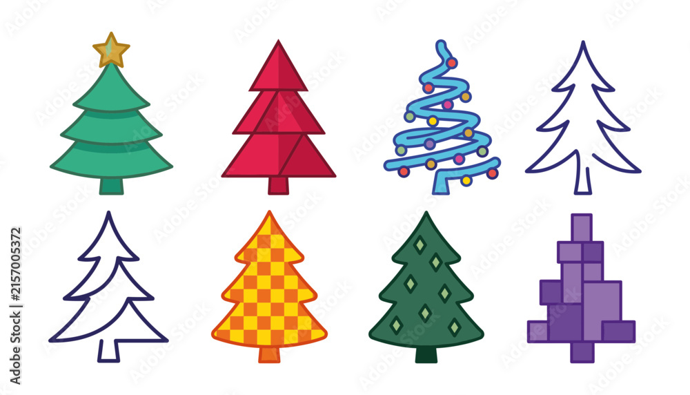 Obraz premium Creative Christmas Tree Vector Icon Set with Abstract Spiral Pines, Minimalist Line Art Firs, Checkered Patterns, and Geometric Holiday Graphic Design