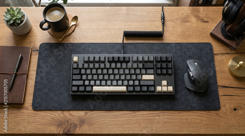 Modern mechanical keyboard and mouse setup on a wooden office desk with coffee