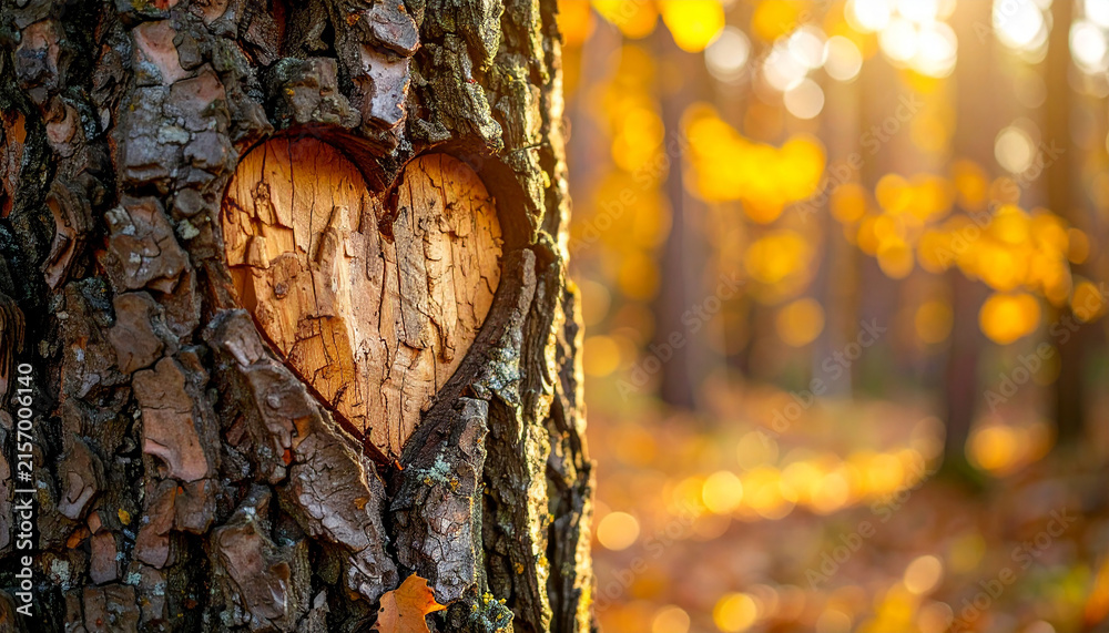 Fototapeta premium Beautiful heart-shaped carving on rugged tree trunk in peaceful autumn woodland, intricate bark texture, scattered golden leaves and softly blurred trees behind, warm afternoon sunlight.