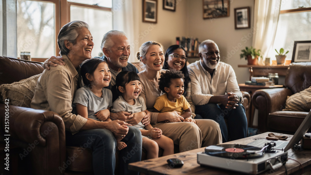 Fototapeta premium Multi-generational family laughing and enjoying time together in a cozy living room, perfect for lifestyle, family events and home entertainment advertising