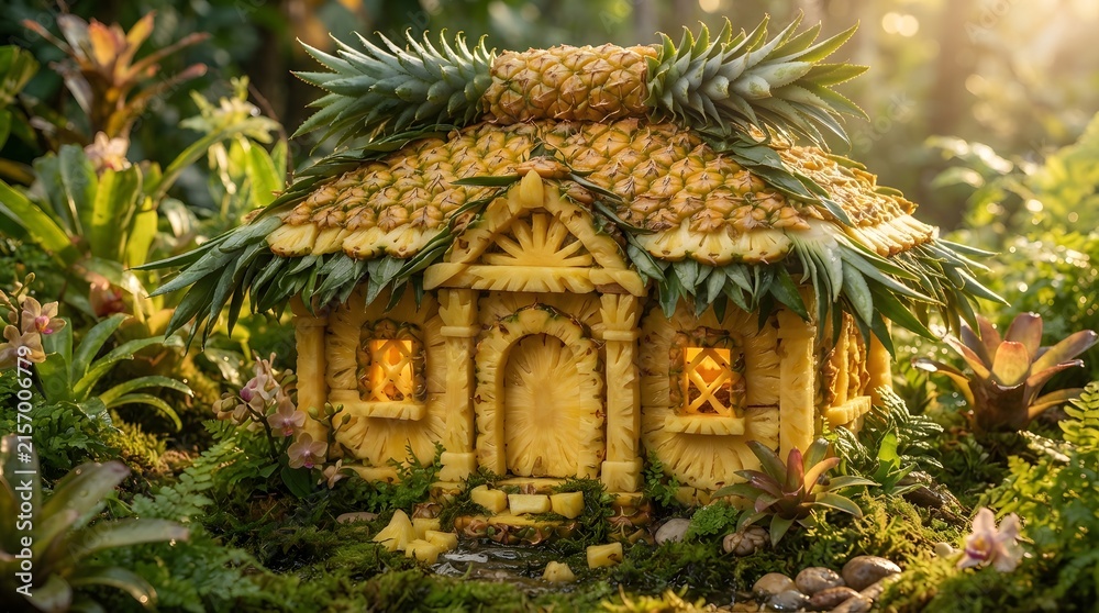 Fototapeta premium Miniature tropical cottage house made of pineapple fruit in a lush exotic garden setting.