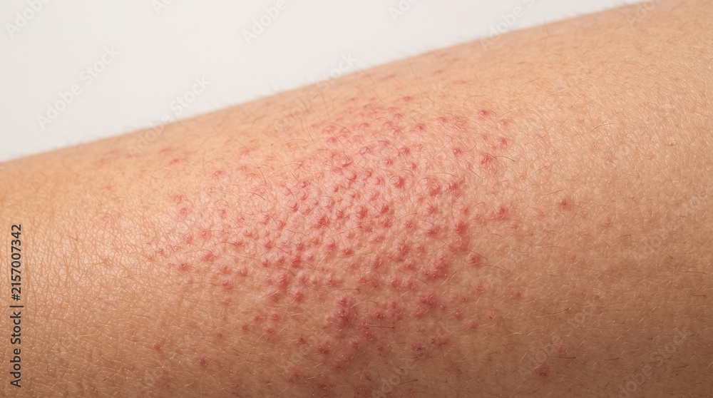 Fototapeta premium Close up of keratosis pilaris chicken skin with dense red itchy bumps on human arm skin