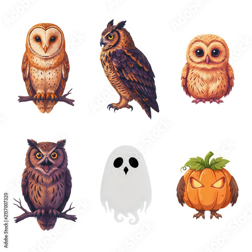 Collection of charming owls and Halloween characters in a festive arrangement Isolated on transparent background