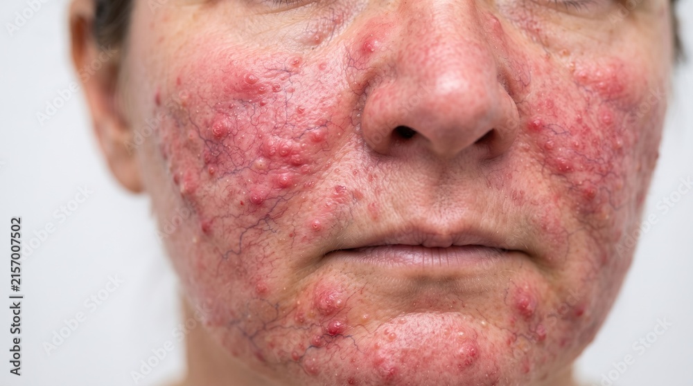 Naklejka premium Close up of senior woman face with extreme severe pustular rosacea rhinophyma and telangiectasia broken capillaries
