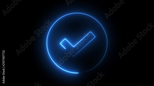 Glowing blue neon checkmark animation in circle frame for success and approval concept tick