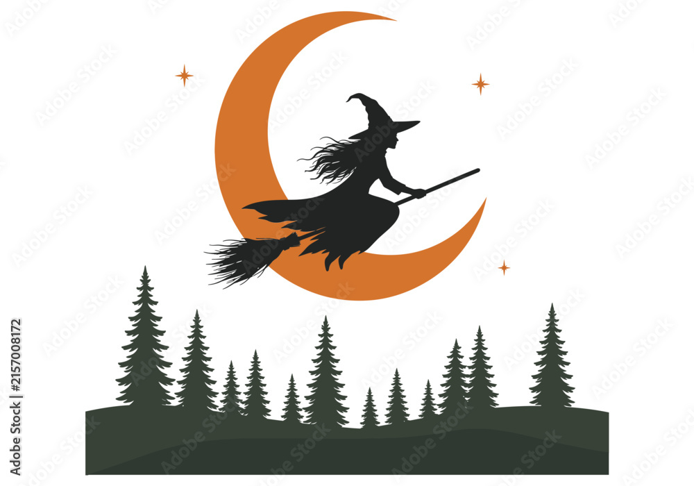 Fototapeta premium Silhouette of a witch flying on a broomstick in front of a crescent moon