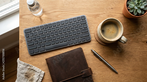 Modern desk setup with computer keyboard, coffee cup, and leather notebook on a wooden table