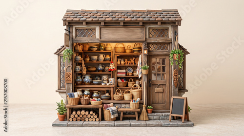 Detailed miniature craft shop diorama with handmade wooden toys and artisan tools displayed