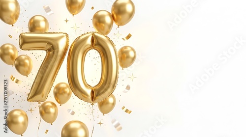 70th birthday celebration background with golden balloons and confetti isolated on white background