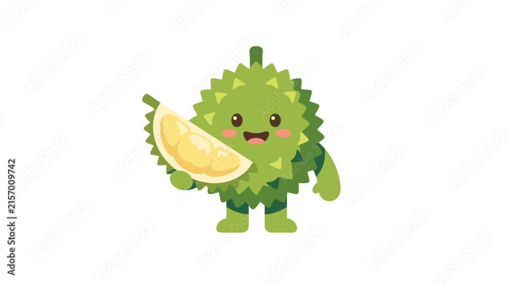 Fototapeta premium Durian mascot holding a fresh yellow fruit slice stands on a white background.
