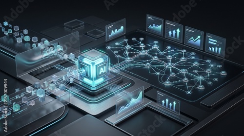 Obraz w ramie Central AI processing unit with glowing digital network connections and data visualization charts