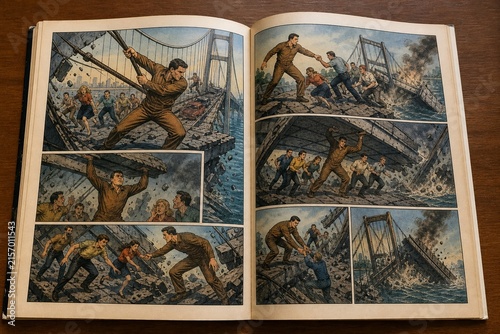 Vintage comic book superhero saving people from a collapsing bridge