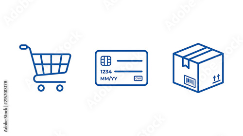 E-commerce icons for shopping cart, credit card payment, and delivery box, representing online retail process