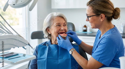 A female dentist fitting an elderly patient with a denture.
