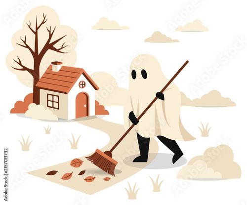 A friendly sheet ghost diligently sweeps fallen autumn leaves from the stone path leading toward a quaint little cottage house during a peaceful breezy afternoon in the scenic countryside