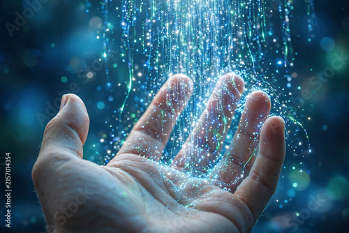 Close-up of a hand catching glowing blue particles and light streams in a dark, bokeh background, concept for technology, data and innovation