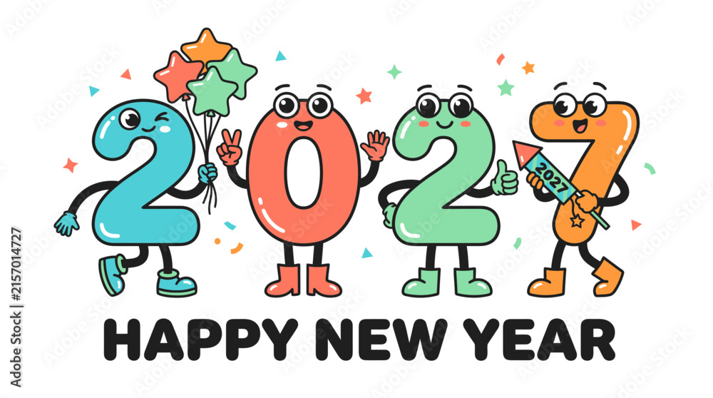 Fototapeta premium Cartoon 2027 characters celebrating with balloons and fireworks for New Year.