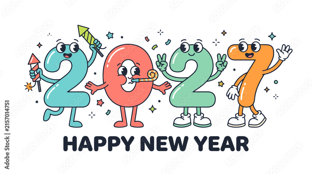 Naklejka premium Cartoon 2027 Happy New Year Characters Celebration 1.