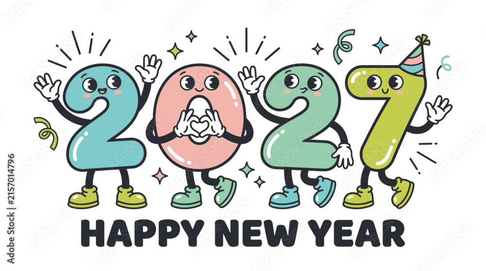 Fototapeta premium Cartoon 2027 New Year Celebration Characters.