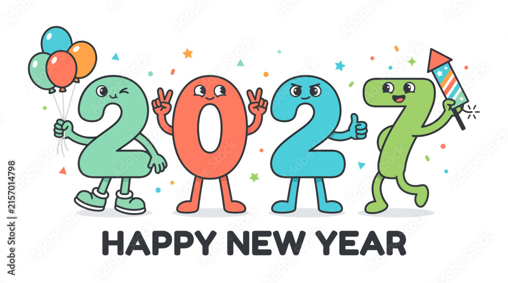 Fototapeta premium Cartoon 2027 Happy New Year Numbers Characters Celebrating.