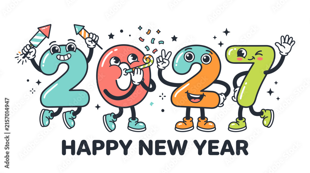 Naklejka premium Cartoon character numbers representing the year 2027 celebrating a happy new year 1.