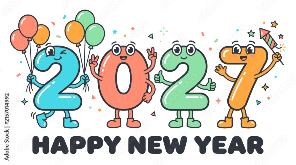 Fototapeta premium Cartoon characters representing the year 2027 celebrating Happy New Year 1.
