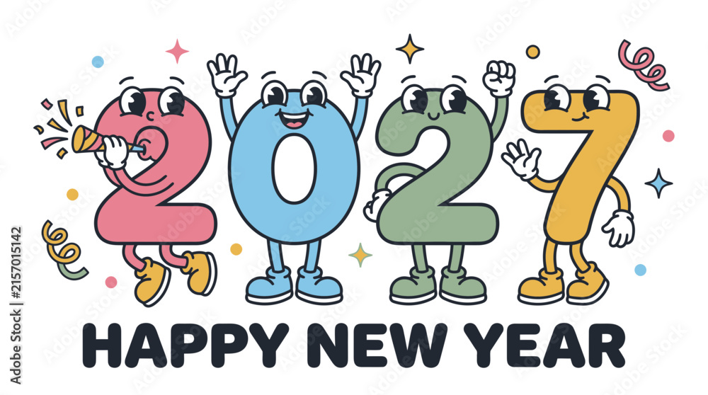 Fototapeta premium Cartoon Happy New Year 2027 Illustration with Personified Numbers.