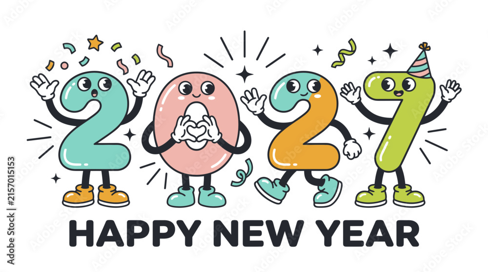 Obraz premium Cartoon Happy New Year 2027 character illustration.