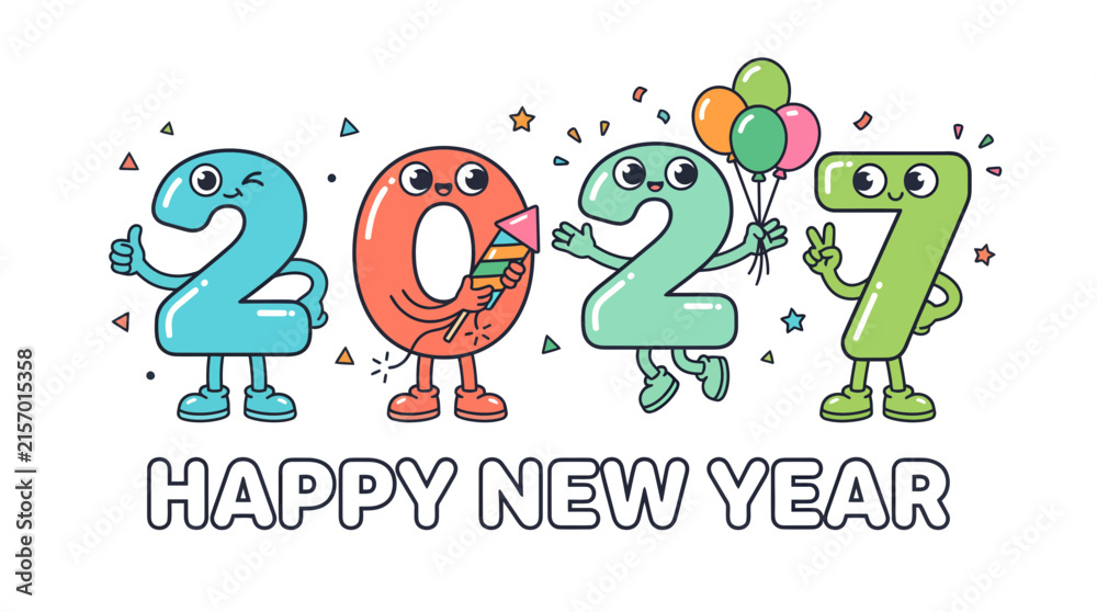 Fototapeta premium Cute cartoon characters representing the year 2027 celebrating happy new year 6.