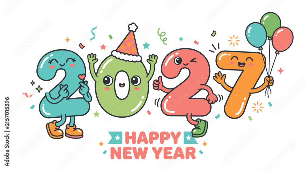 Fototapeta premium Cute cartoon characters representing the year 2027 celebrating happy new year.