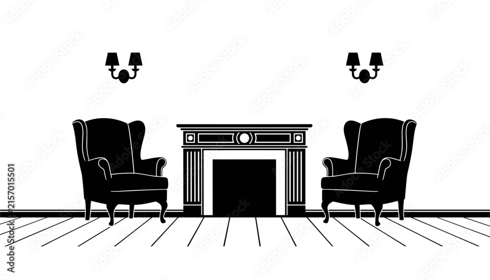 Fototapeta premium Elegant living room interior silhouette with classic fireplace two armchairs and wall sconces