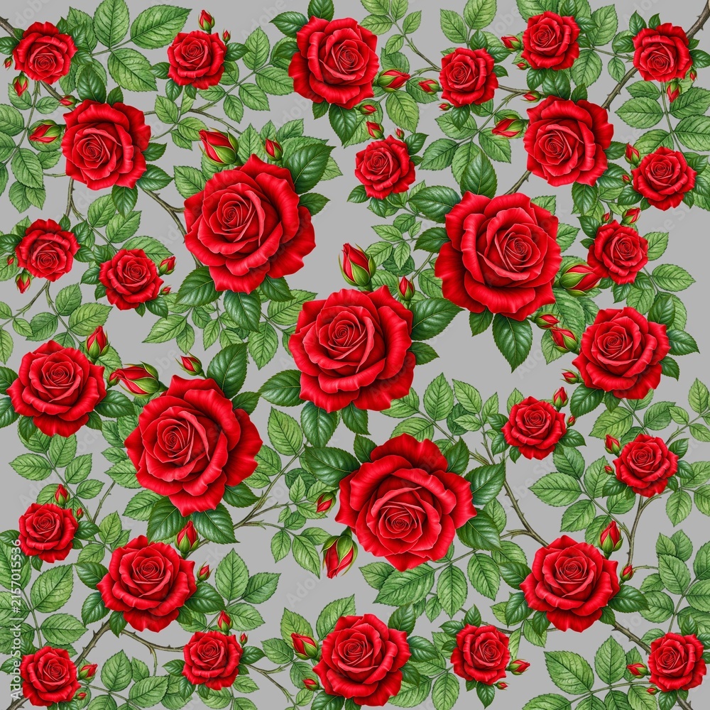 Fototapeta premium Untitled design - 1Red Rose Floral Seamless Pattern on Light Gray Background