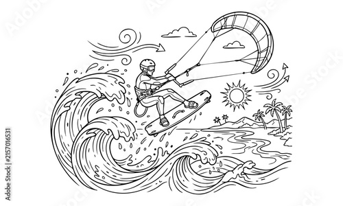 Kitesurfer jumping over large ocean wave near tropical beach shoreline