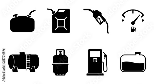 Fuel Icons Set: Gas Cans, Pump, Gauge, Tanks, Vector Graphics for Energy and Transport