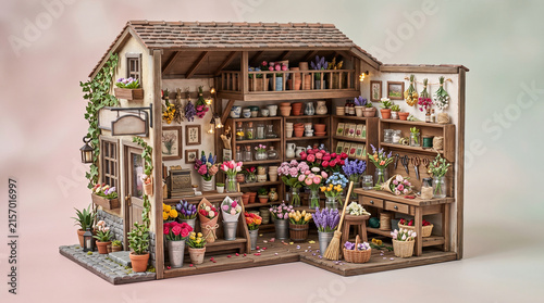 Fototapeta Handcrafted miniature flower shop diorama with tiny potted plants and vintage decor in detailed display case